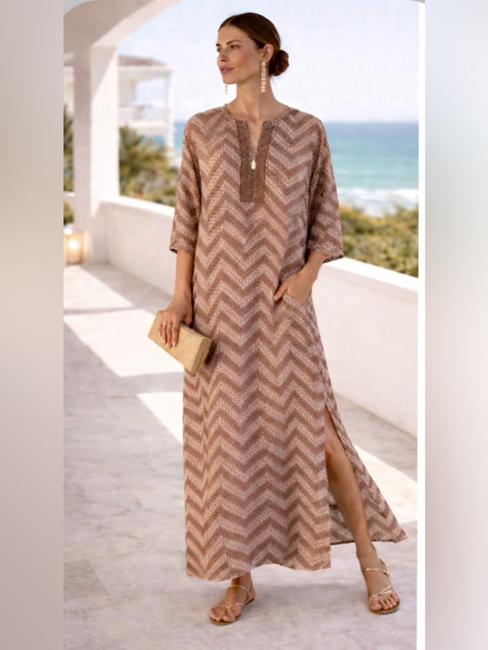 Oscar de la Renta Maxi Caftan Chevron Brown Ivory Print Slit Resort Dress, XS/S